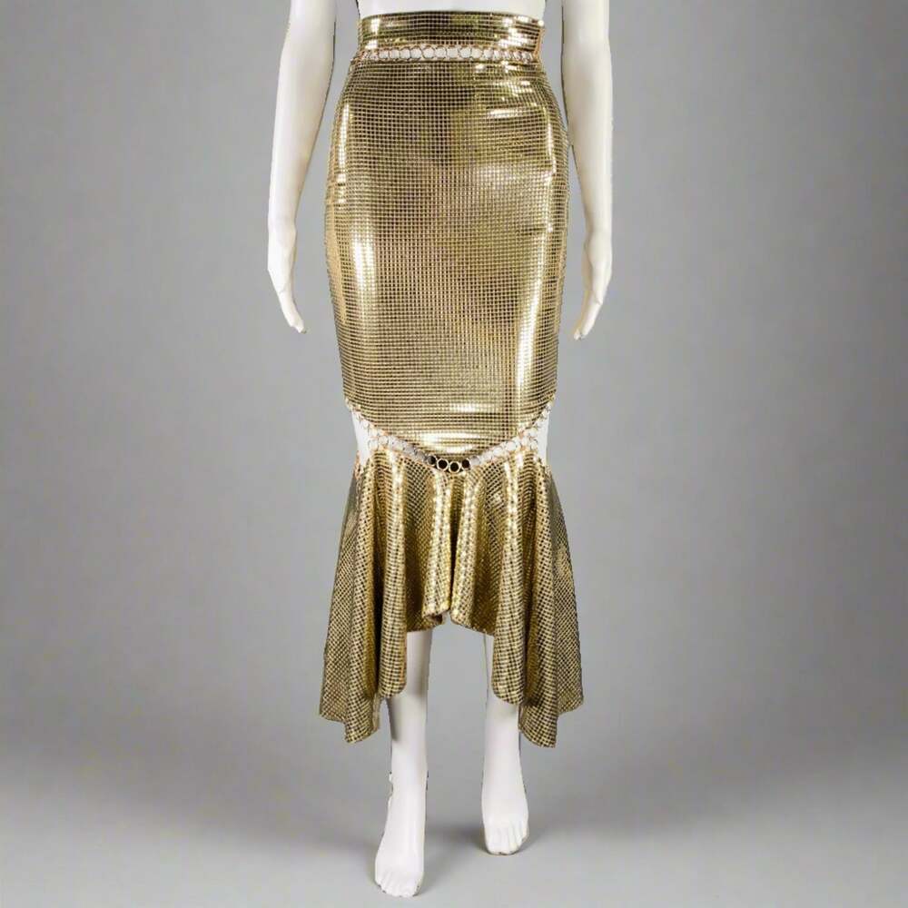 BURBERRY Size 0 Gold Beige Viscose Blend Disco Embellishment Mermaid Skirt